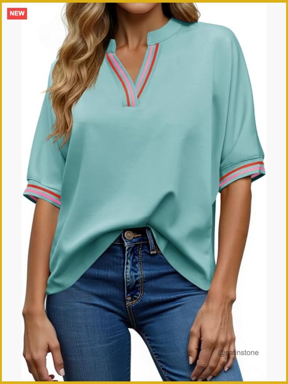 Oversized V Neck Half Sleeve Color Block Tunic Tee Loose Fit